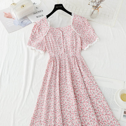 Square collar lace edge sweet floral skirt tea break temperament small skirt  4888