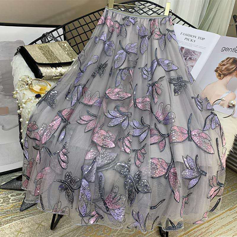 Heavy industry sequins dragonfly embroidery skirt,drop tulle skirt, A line skirt  3592