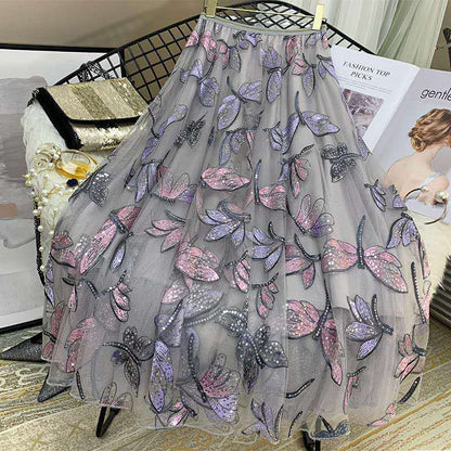 Heavy industry sequins dragonfly embroidery skirt,drop tulle skirt, A line skirt  3592
