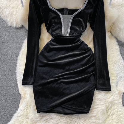 V-neck velvet with diamond waist slim sexy hip wrap dress  3742
