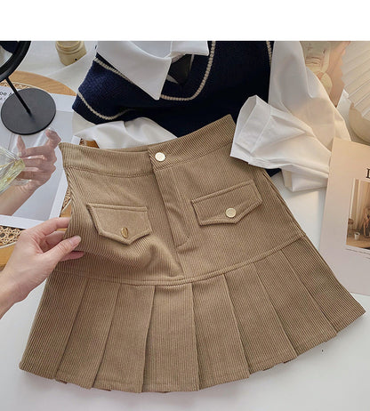 Pleated Hip Wrap Skirt high waist corduroy A-line skirt  5282