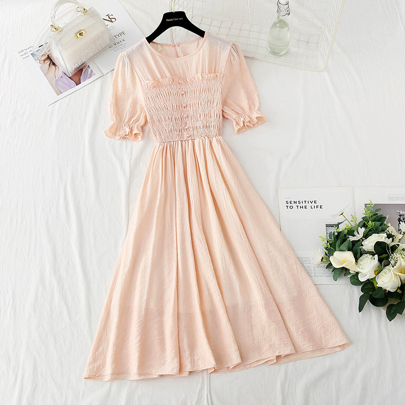 Cotton linen dress French retro slim dress  4884