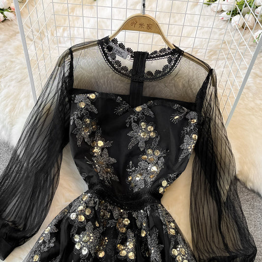 Heavy industry embroidery round neck mesh A-line dress  3747