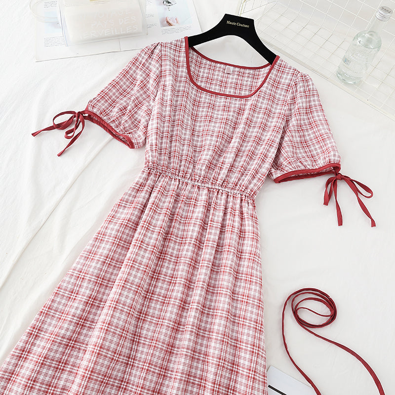 Fresh lace up, thin and high temperament, square neck Plaid Dress  4210