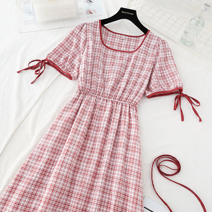 Fresh lace up, thin and high temperament, square neck Plaid Dress  4210