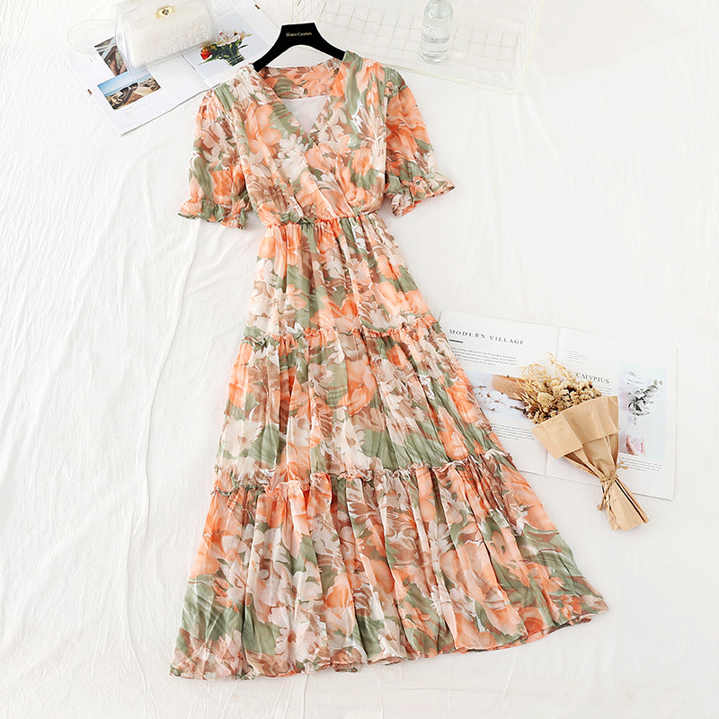 French long skirt pleated waist shows thin temperament Chiffon fairy skirt  4629