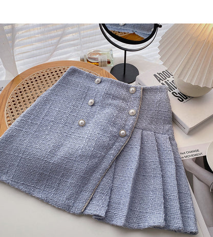 Korean version irregular pearl buckle high waist retro temperament thin  5302