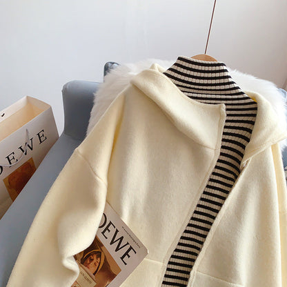 Design inclined zipper hooded sweater women's coat  5220