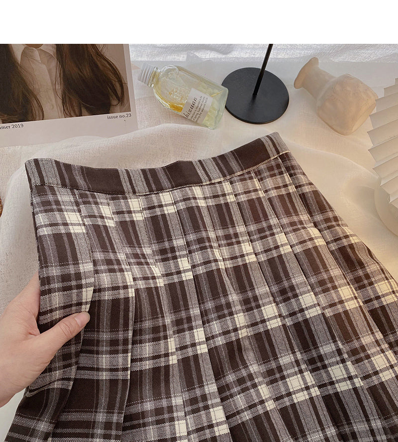 Japanese retro age reducing Plaid high waist pleated skirt  5426