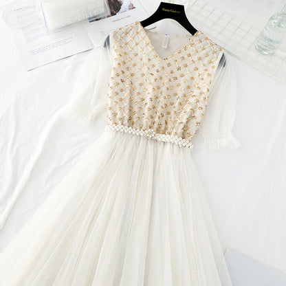 Gentle wind fairy Sequin gauze skirt is slim at the waist  4397