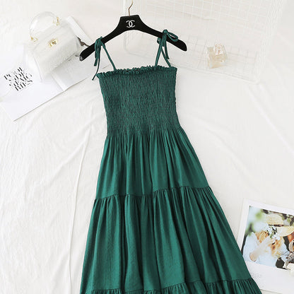 Cotton hemp suspender dress retro long skirt with slim waist  4113