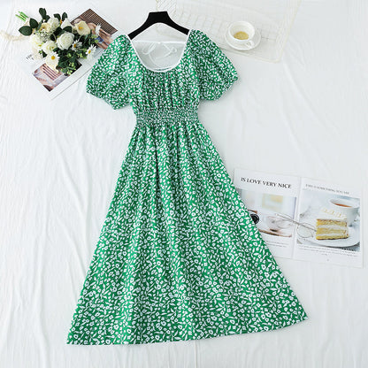 Small fresh sweet floral dress retro bubble sleeve  4274