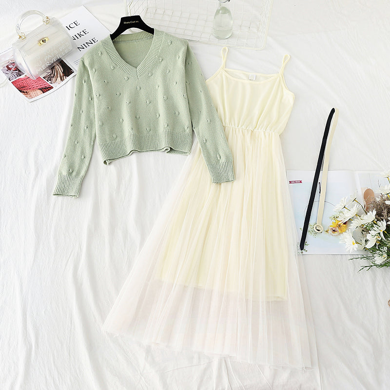 New gentle sweater with mesh suspender skirt two-piece set  4403