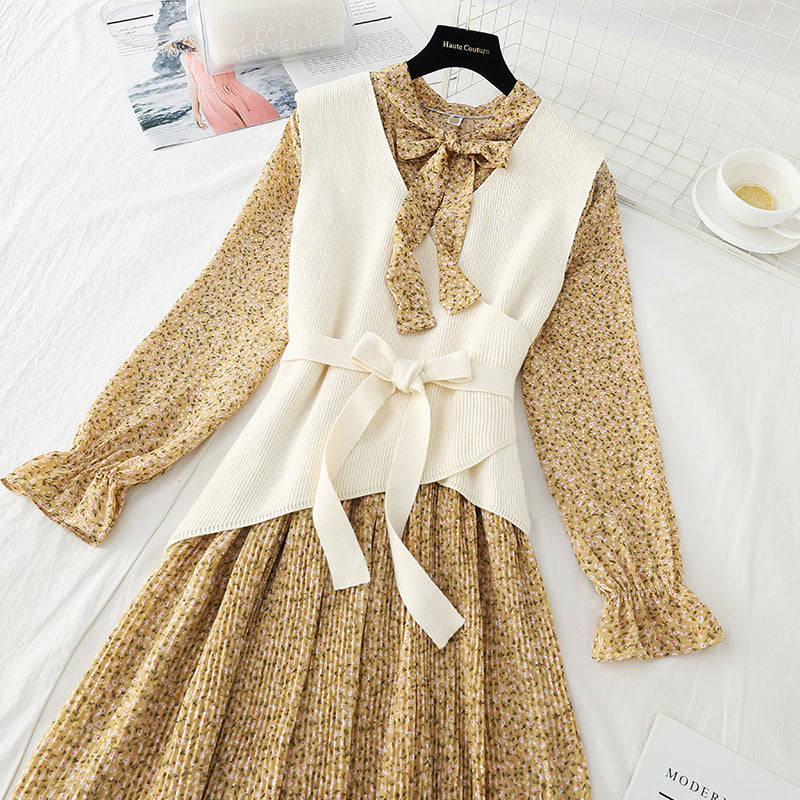 Suit knitted vest Pleated Chiffon Skirt two piece long skirt  3909