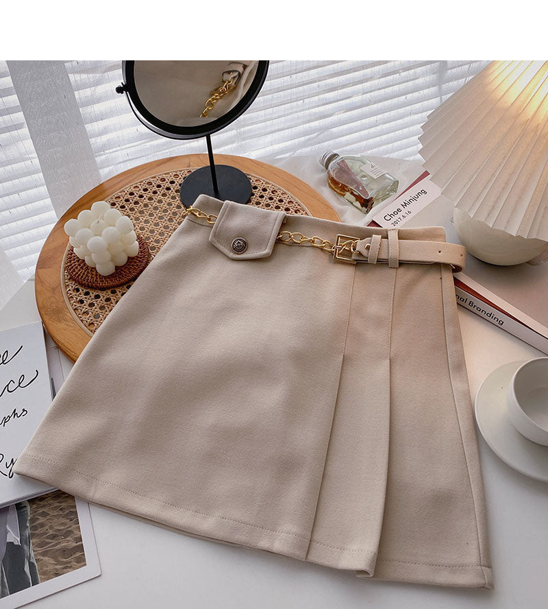 Small design retro chain high waist A-line skirt with belt  5458