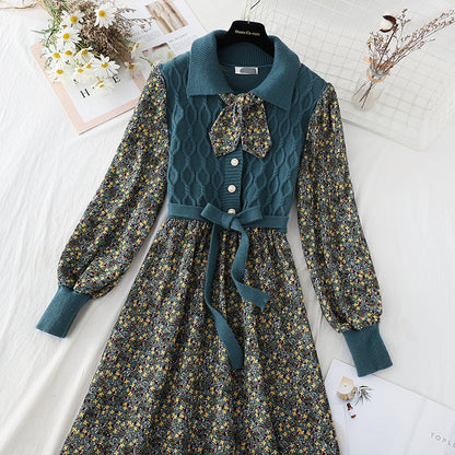 Patchwork lace up floral skirt slim elastic waist Corduroy Skirt  4086