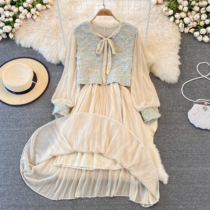 Small fragrance suit women's Vest pleated lace up bottomed skirt  3773