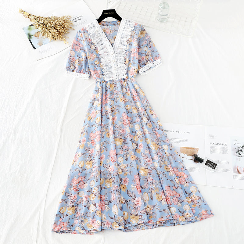 New soft wind floral skirt, slim waist, French minority dress  4643