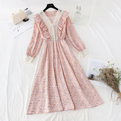 Lace stitched chiffon skirt shows thin elastic waist temperament  4080