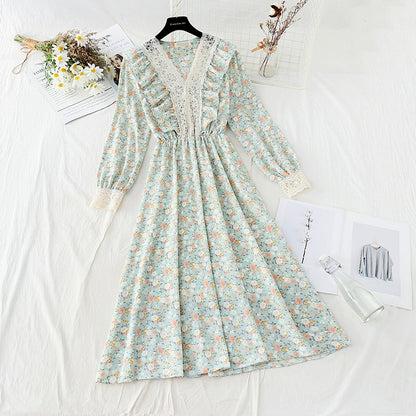 Lace stitched chiffon skirt shows thin elastic waist temperament  4080