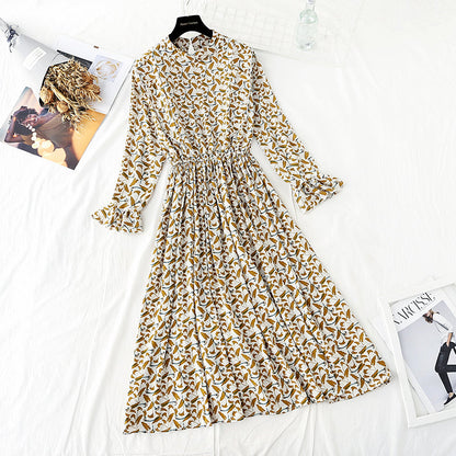 Ruffle sleeve waist closing slim large swing Floral Dress  4830