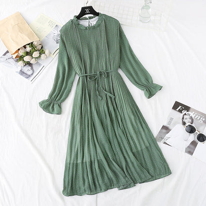 Gentle wind French retro wave point chiffon dress women  3986
