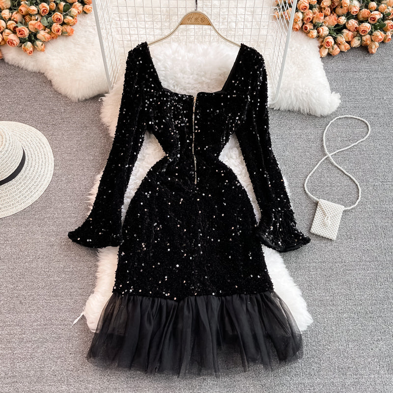 Mesh stitching sexy hip wrap fishtail dress  3744