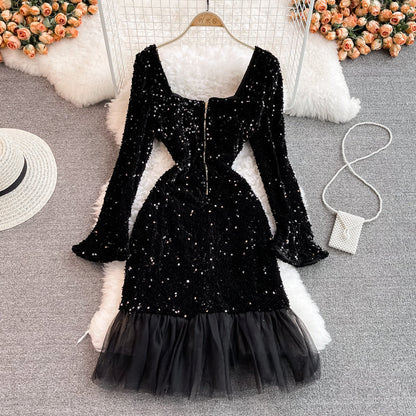 Mesh stitching sexy hip wrap fishtail dress  3744
