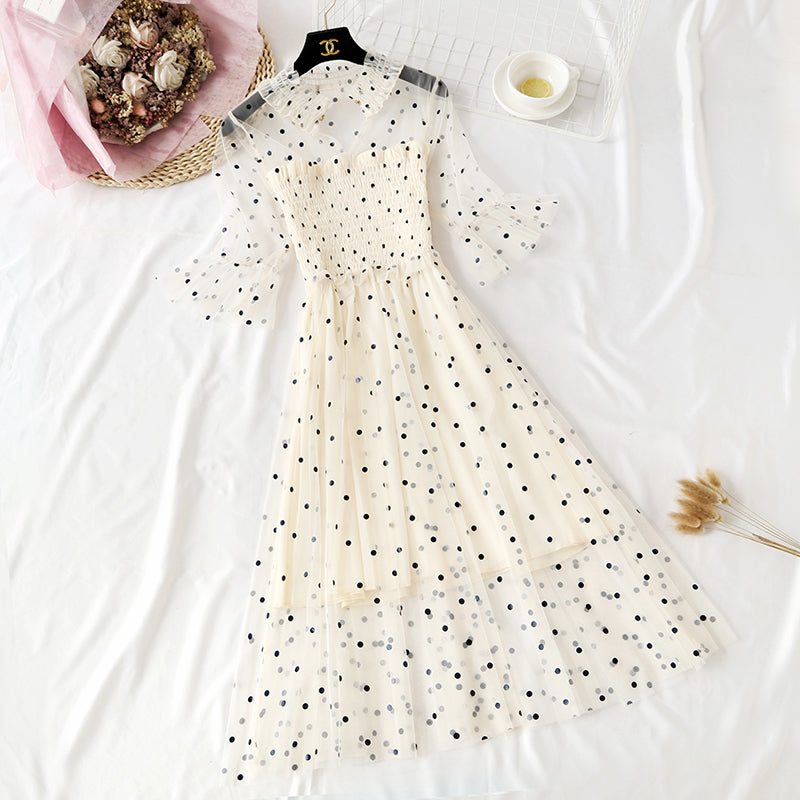 Small wave dot mesh dress retro long skirt over the knee  4465