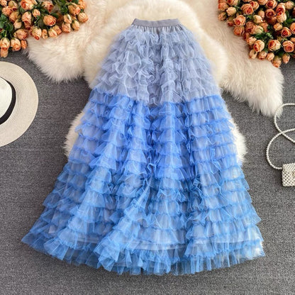 Fairy skirt pleated mesh skirt, versatile, long midi skirt, elastic waist, layer cake skirt, elegant skirt  3530