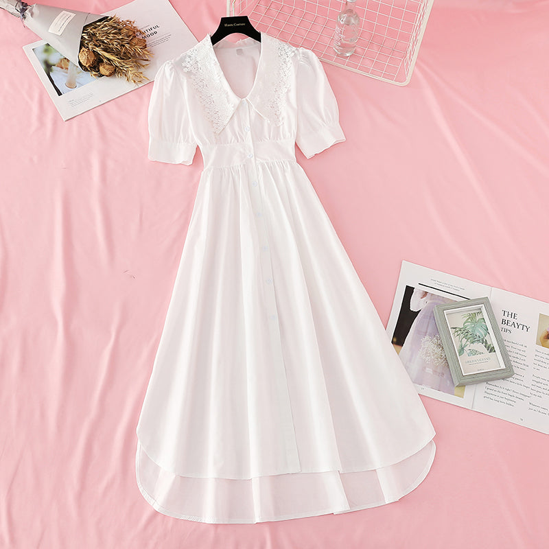 Lace doll neck dress bow belt waist slim  4191
