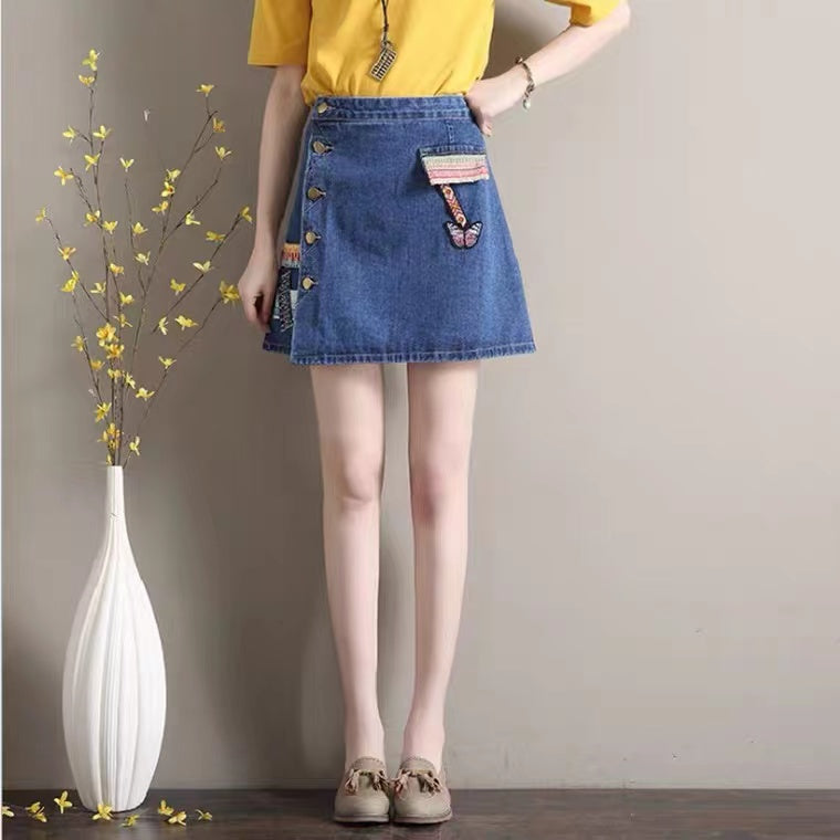 Denim-skirt A-line skirt, new style, high waist skirt, vintage embroidery skirt  3607