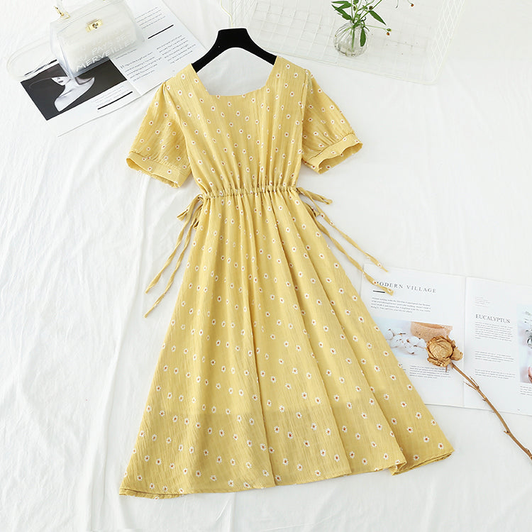 Square neckline Floral Chiffon Skirt French waist closing slim  4665