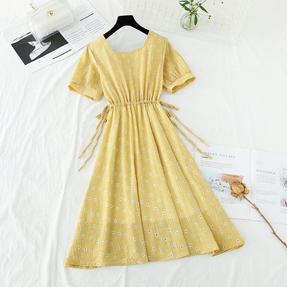 Square neckline Floral Chiffon Skirt French waist closing slim  4665