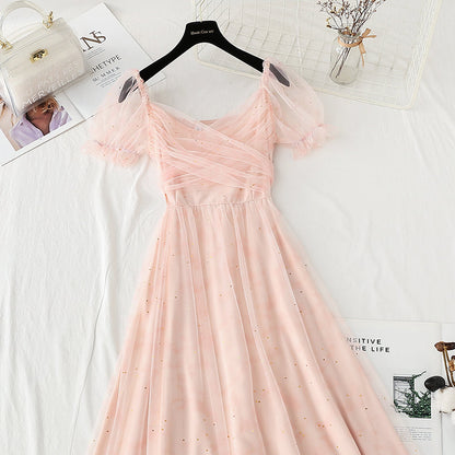 French long dress square neck bubble sleeve fairy skirt  4419