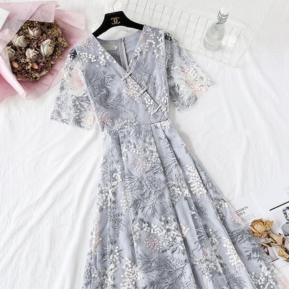 Embroidered Floral Dress national retro skirt  4427