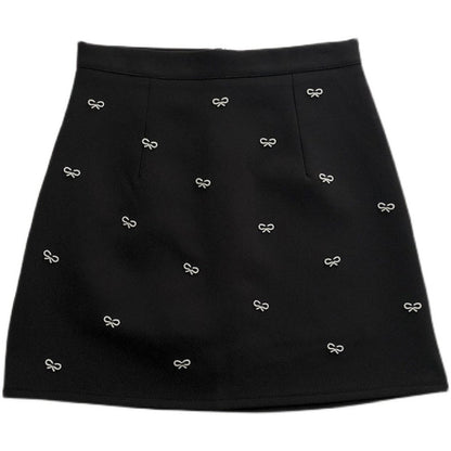 Korean Vintage nail bead bow solid A-line skirt  5317