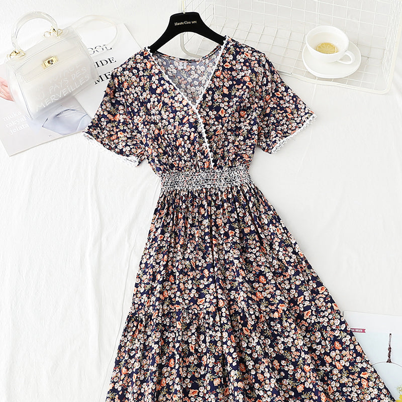 Holiday skirt with broken flowers, slim waist and long skirt with large hem  4246