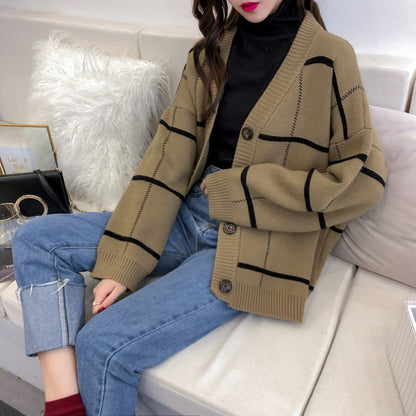 Harajuku sweater cardigan Plaid knitted jacket  5268
