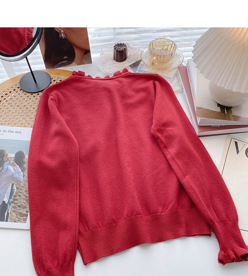 Korean bow round neck design retro nail bead Lace Long Sleeve Top  6038