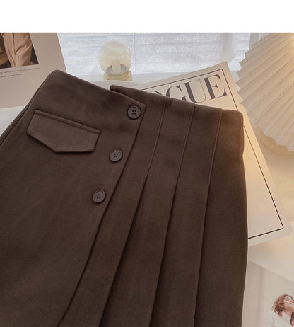 Three button design high waist pleated skirt for women  5424