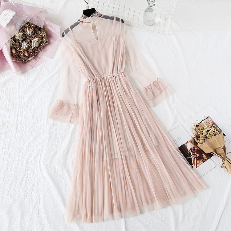 Fairy mesh sling bottomed long skirt two-piece set super xiansen series  4362