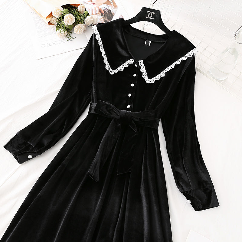 French retro golden velvet dress super xiansen long skirt  4499