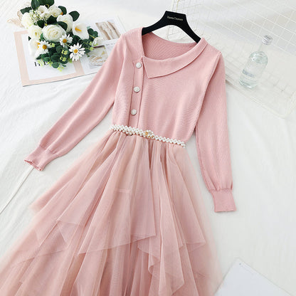 Mesh stitched irregular long skirt waist closing temperament gentle dress  3923