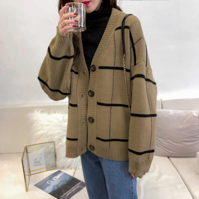 Harajuku sweater cardigan Plaid loose and versatile  4913
