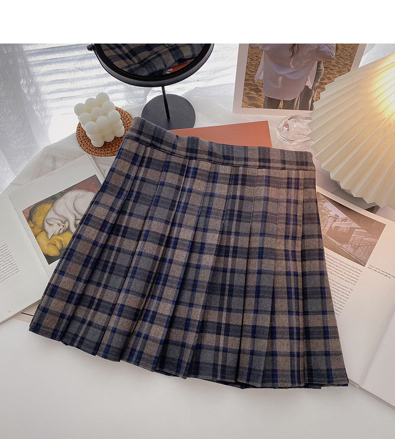 Retro age reducing versatile student A-shaped high waist plaid skirt  5473