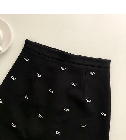 Korean Vintage nail bead bow solid A-line skirt  5317