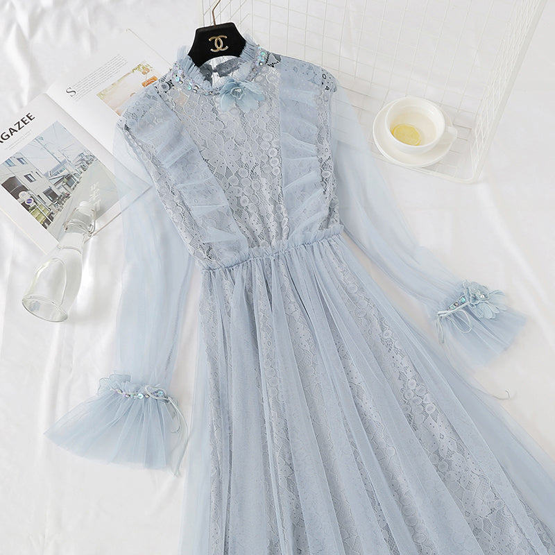 Heavy industry three-dimensional flower lace dress minority French style  4325