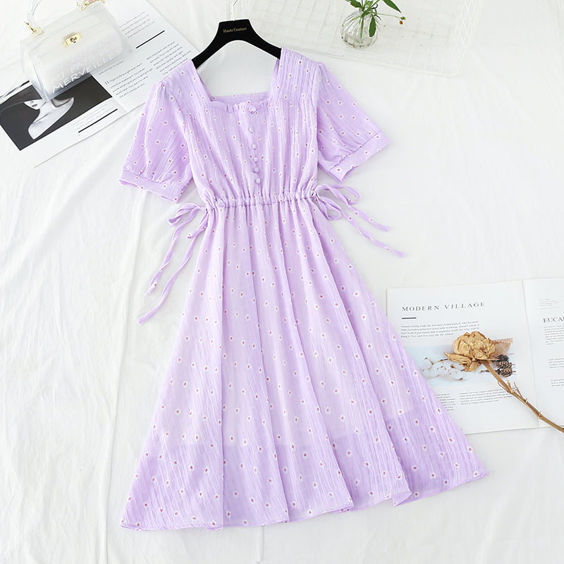 Square neckline Floral Chiffon Skirt French waist closing slim  4665