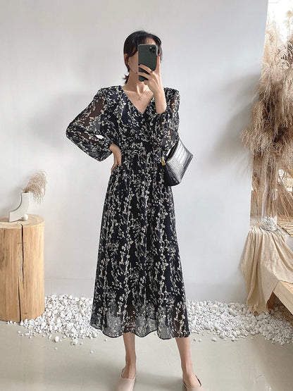 Retro High Waist over knee thin Chiffon Dress  3882